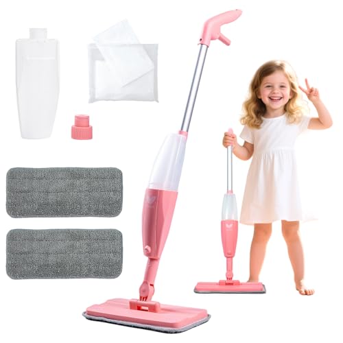 Kids Spray Mop, Pink Mini Mop Set with 2 Microfiber Washable Pads and 10 Disposable Dry Dusting Cloths, Dust Mop for Floor Cleaning, Small Mop for Toddlers Gift