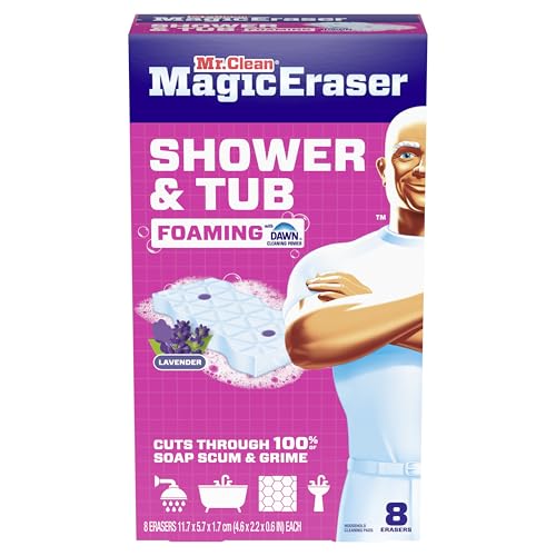 Mr. Clean Magic Eraser Sponge, Bathroom, Shower, Tub Cleaner, Soap Scum Remover, Bathroom Cleaning Supplies, Dawn Cleaning Power with Lavender Scent, Shower & Tub, 8ct