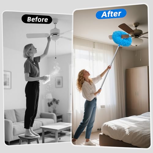 DRQ Ceiling Fan Cleaner Duster, Reusable Microfiber Duster with Extension Pole, 13 to 48 Inch Fan Blade Cleaner, Removable Dusters for Cleaning Walls Bookshelves Door Window Top (Blue)
