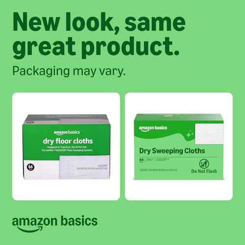 Amazon Basics Dry Sweeping Cloths for Floor Cleaning, Pet Hair, Dust, Dirt, Multi-Surface, Disposable, Fits Swiffer Sweeper Mop Heads, 64 Count, Packaging May Vary