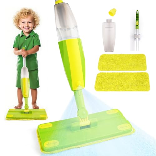 Lullulii Kids Spray Mop, Fun & Functional Toddler Mop Cleaning Set,Real Working Mini Mop, Pretend Play Toy –Includes Spray Bottle,Washable Microfiber Pads, Montessori Kids Cleaning Toy Set -Green
