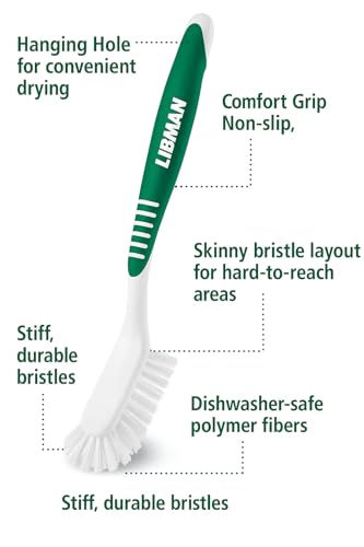 LIBMAN Kitchen Scrub Brush with Long Handle - 3 Pk Kitchen Brush for Dishes - Dish Scrubber Cleaning Brushes for Sinks, Bottles, Pots, Pans, Vegetables - All Purpose