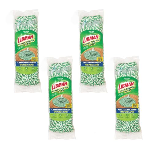 Libman Tornado Mop Refills | Self Wringing | Cotton Mop Head | Twist | Twist Head Replacement | Machine Washable | 4 Self Wring Heads | Direct Replacement Heads for the Tornado