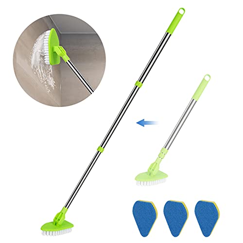 JDNOZW 2 in 1 Scrub Cleaning Brush with 37” Long Extendable Handle,1 Stiff Bristle and 3 Sponge Brushes, Lightweigh Detachable Shower Scrubber for Cleaning Bathroom Shower Bathtub Glass Tile Floor