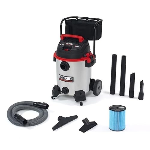 RIDGID 50353 1610RV Stainless Steel 16-Gal. Wet Dry Shop Vacuum with Cart, 6.5 Peak HP Motor, Large Wheels, Pro Hose, Drain, and Blower Port, Red