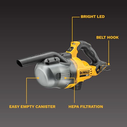 DEWALT 20V Handheld Vacuum Cordless, Car Vacuum with HEPA Filter, 6 Attachments and LED Light, High Performance Dry Only Small Shop Vac, Battery Not Included (DCV501HB)
