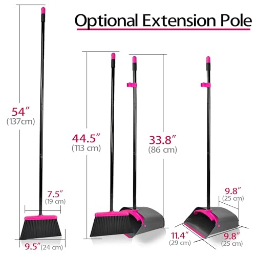 JEHONN Broom with Dustpan Combo Set, Long Handle Lightweight Indoor Broom Set, Upright Standing Dust Pan with Comb Teeth Store Sweep Set for Home Room Kitchen Office Lobby (Rose Red)