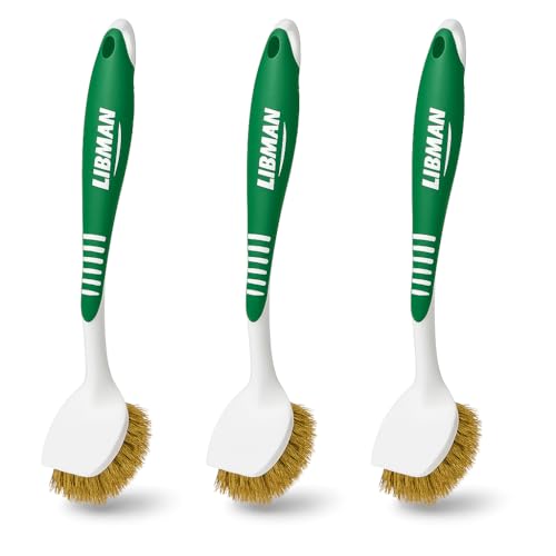 Libman Brass Brush Pot Scrubber - Metal Wire Brass Pot Brush - 3 Pk Wire Scrub Brushes with Pot & Pan Scraper for Cleaning Grills, Skillets, Oven Racks