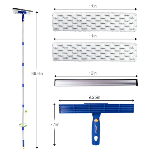 ITTAHO 86.6" Window Squeegee Cleaner,2 in 1 Window Cleaning Tool Kit,Shower Squeegee with Extension Pole，Glass Cleaning Tools for Shower Glass,Indoor/Outdoor High Window Cleaning-Two Pads