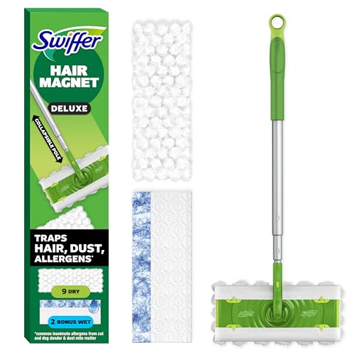 Swiffer Hair Magnet Deluxe Starter Kit with Collapsible Pole, 9 Hair Magnet Dry Cloths, 2 Bonus Mop & Go Wet Cloths