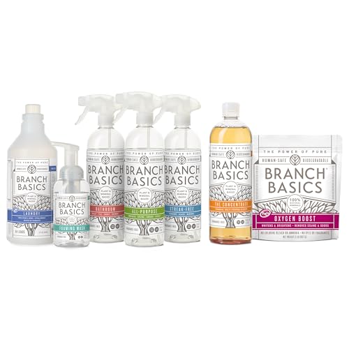 Branch Basics Premium Starter Kit: All Purpose Cleaner, Glass, and Bathroom Cleaner plus our Foaming Wash, and Laundry Bottle (3 Plastic Spray Bottles + Concentrate) Fragrance-Free