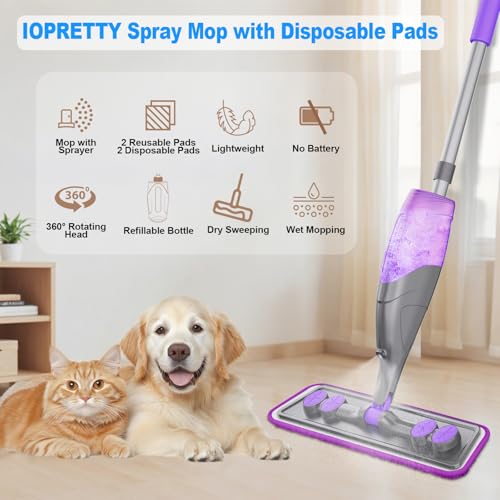 IOPRETTY Spray Mops for Floor Cleaning - Wet Dry Mops with 2 Washable + 2 Disposable Pads for Swiffer Powermop - Refillable Bottle for Hardwood Tile Home Kitchen - Absorbs Pet Hair Dust Stains