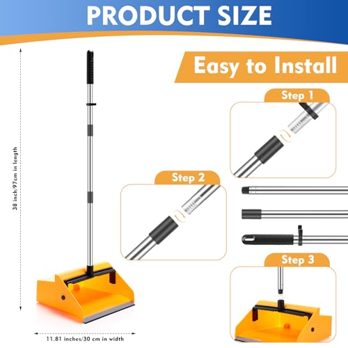 Didaey 1 Pcs Commercial Dustpan with Comb 38” Long Handle Upright Heavy Duty Dust Pan Outdoor Indoor for Courtyards Garages Lobby Mall Market Market Floors Office Pet Hair Rubbish Cleaning (Yellow)
