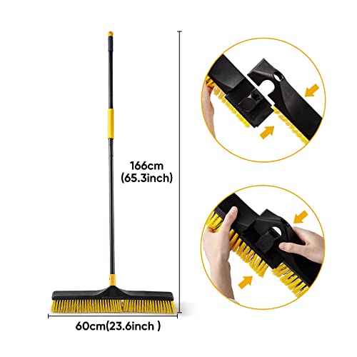 Yocada 24 inch Push Broom Brush 65.3 inch Long Handle Stiff Bristles Heavy-Duty Outdoor Commercial Broom for Cleaning Bathroom Kitchen Patio Garage Deck Concrete Wood Stone Tile Floor
