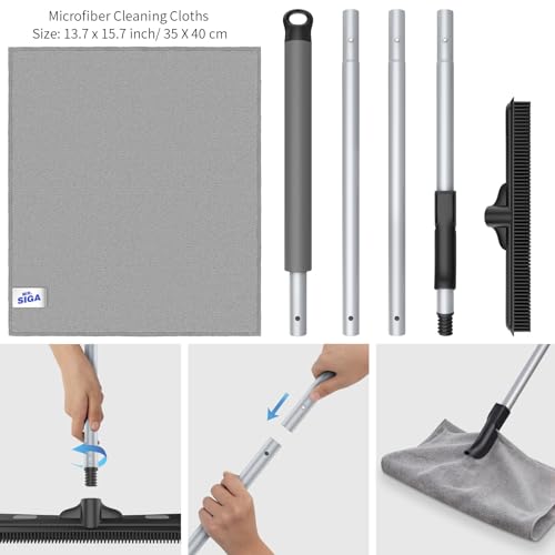 MR.SIGA Pet Hair Removal Rubber Broom with Built in Squeegee, 3 in 1 Floor Brush for Carpet, 61 inch Adjustable Handle, Includes 1 Microfiber Cloth for Floor Dusting
