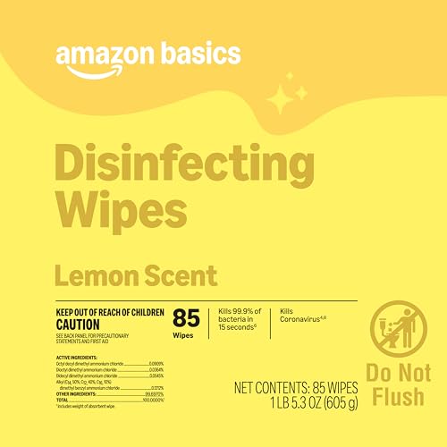 Amazon Basics Disinfecting Wipes, Lemon Scent, Thick All Purpose Cleaning Wipes, Sanitizes/Cleans/Disinfects/Deodorizes, 85 Count