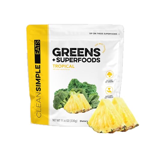 Clean Simple Eats Super Greens Powder, Naturally Flavored Greens Powder with Chlorella, Spirulina, Superfoods & Prebiotic Fiber, No Artificial Ingredients, Gluten Free, Tropical Greens Flavor, 30 Srvg