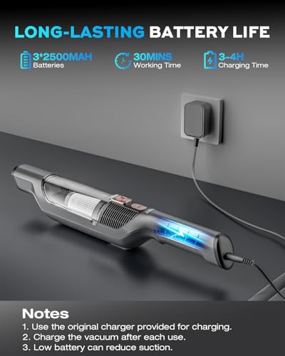Zefiro Compact Powerful Cordless Handheld Vacuum, Rechargeable Portable Car Vacuum for Car & Pet Hair, Brushless Motor 25000PA High Suction, XL Dust Cup, 2 Brushes & Filters, Long Runtime with Charger