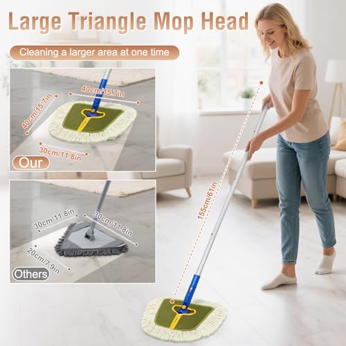 Commercial Dust Mop for Hardwood Floors Cleaning,Industrial Dry Mop Broom with 2 Replacement Wedge Cotton Mop Pads for Walls,Hardwood,Laminate, Vinyl,Tile,Home,Warehouse Floor Duster,Green