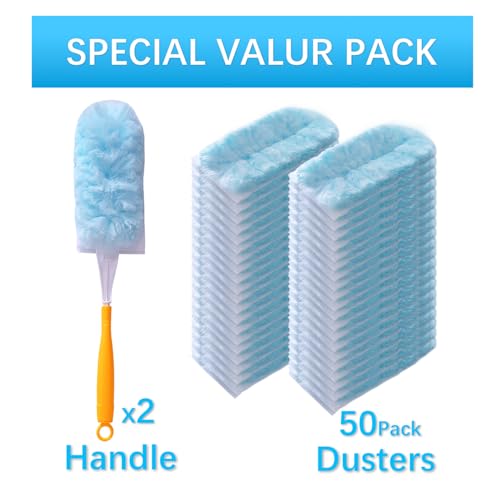 50 Count Duster Refills for Swiffer Dusters with 2 Handle, 360° Heavy Duty Duster for Swiffer Duster Refill,4X Microfibers Disposable Duster Refills Kit for Cleaning Home, Office, Corners, Blinds