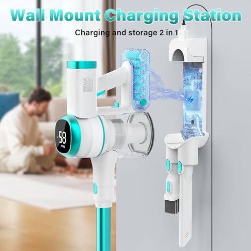 Tikom V500 Cordless Vacuum Cleaner for Home, 40000Pa/450W Stick Vacuum with LED Touch Screen, Charging Wall Dock, Anti-Tangle, Lightweight Handheld Vacuum for Pet Hair, Hard Floor, Carpet, Blue