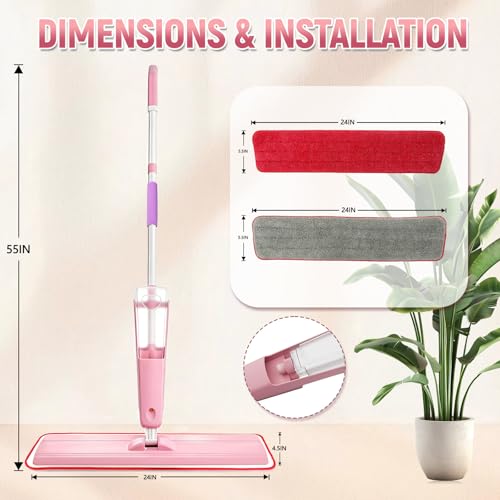 24" Dry mops for Floor Cleaning, Extra-Long Spray runtime & Light Mist Spray mop, Microfiber Wet mop w/ 28oz Tank & 2 Washable Pads, Heavy Duty Flat mop for Hardwood Tile Laminate Vinyl, Large Spaces