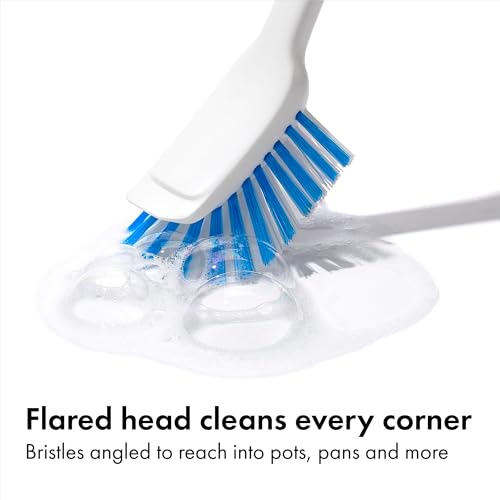 OXO Good Grips Dish Brush, Nylon Bristles with Built-in Scraper, Safe for Non-Stick Cookware, Non-Slip Handle, Dishwasher Safe