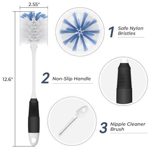 Amazer Bottle Brush Cleaner, Long Flexible Handle Bottle Brush Scrub for Water Bottles, Glasswares, Tumblers, Travel Coffee Mugs, 2 Pack