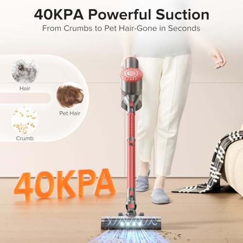 Tipdiy Cordless Vacuum Cleaner with Self-Standing, 40KPA Stick Vacuum Cleaners for Home, 8-in-1 Lightweight Rechargeable Vacuum, 7-Layer Filtration,Ideal for Carpet, Pet Hair, Hardwood Floors