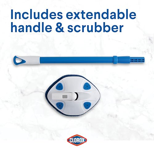 Clorox Extendable Tub & Tile Scrubber – Heavy Duty Brush with Pivoting Head, Replaceable Pad, Works with Clorox Wipes for Easy Bathroom Cleaning, Blue