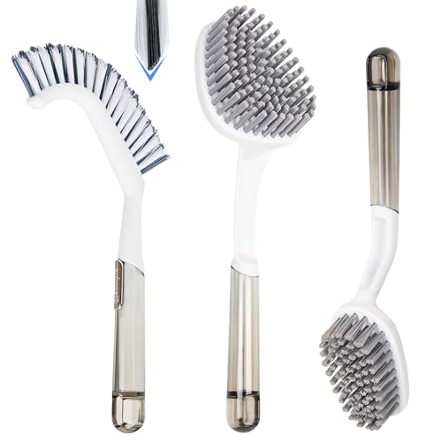 3 Pack Shower Scrub Brush Set – Heavy-Duty Scrub Brushes for Cleaning with Long Handle, Stiff Bristles Grout Brush, Shower Scrubber for Bathroom, Bathtub, Kitchen, Tile, Floor, Grout, Sink & Carpet