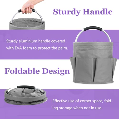 IHOMAGIC 17L Collapsible Cleaning Caddy with Handle, Foldable Cleaning Supply Caddy, Bucket Tool Organizer in 600D Oxford Fabric, Multifunctional Storage Basket for Cleaning, Traveling, Dark Gray