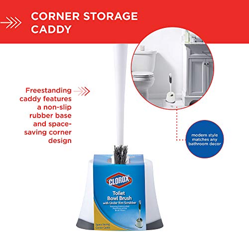 Clorox Corner Toilet Bowl Brush with Under Rim Scrubber, Includes Corner Storage Caddy, White