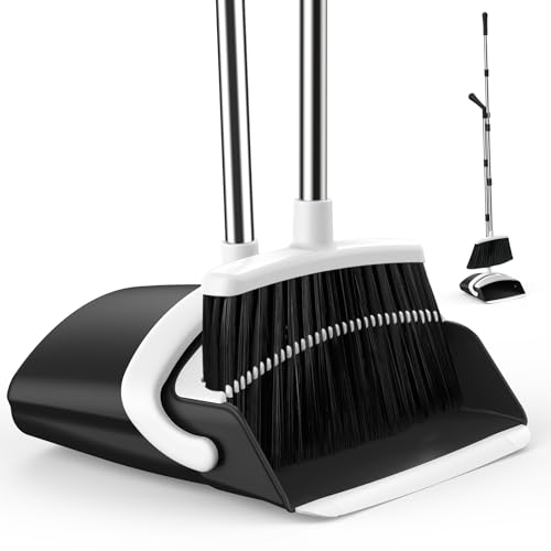 EZKEY Broom and Dustpan Set for Home, 51-in Long Adjustable Handle Angle Broom and Dustpan Combo Set with Dust Pan Teeth to Clean Hair for Home Kitchen Office Lobby Floor Garden (Black&White)