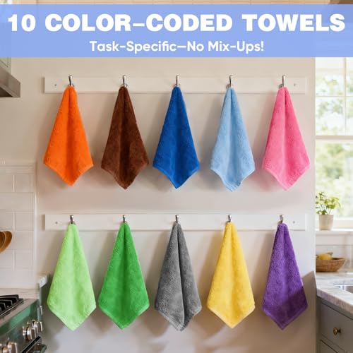 TEAWOO 10 Colors Microfiber Cleaning Cloths, 10 Pack Assorted Cleaning Rags, Highly Absorbent Microfiber Towels for Car, Kitchen, Bathroom and Household Cleaning, 11.8"X11.8"