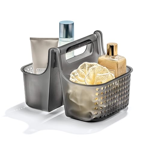 madesmart Large Portable Shower Caddy, Hold Soap, Shampoo, Hair Supplies and Beauty Products, Cleaning Supplies Organizer for Home, Dorm, Plastic Shower Tote, Soft Handle, Carbon