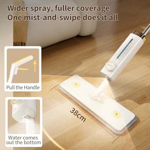2 in 1 Wet Dry Spray Mop for Floor Cleaning, Swivel Flat Long Handle Trapeador with Washable Reusable Pads & Refillable Bottle, Lightweight for Hardwood, Laminate, Vinyl, Tile, Marble, Cream White
