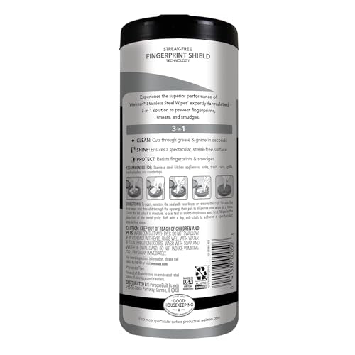 Weiman Stainless Steel Cleaner, 30 Count Wipes, Anti-Fingerprint, Removes Grease, Water Spots, Streaks & Residue, Polishing Cleaner Safe for Appliances, Chrome, Sinks & Grill Exteriors