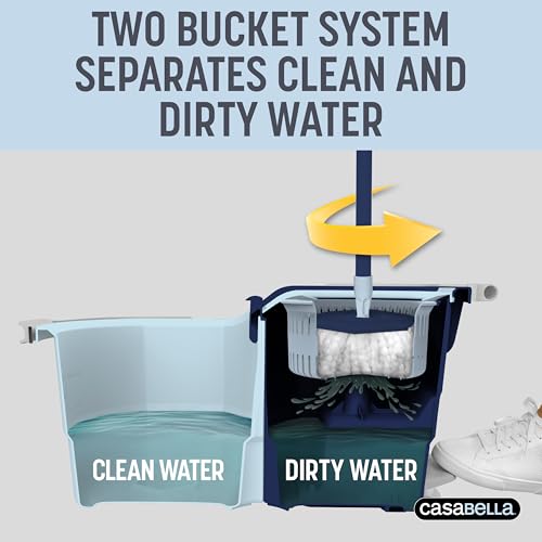 Casabella Clean Water Microfiber Spin Mop with 2-Bucket System, Antibacterial Spin Mop and Mopping Bucket Set, Blue/White