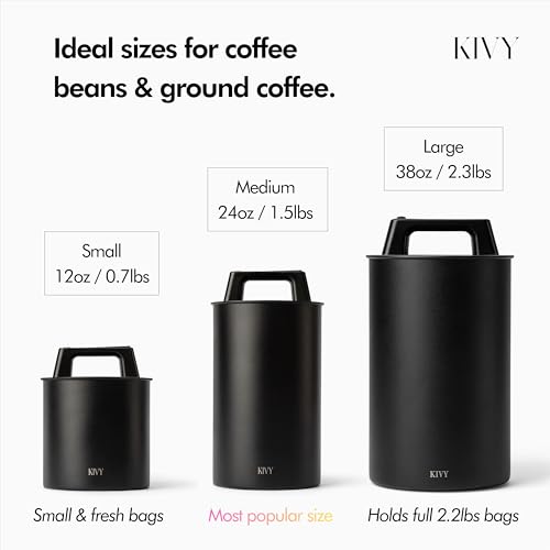 KIVY Vacuum Coffee Canister (Large) - Push Lid Preserves Aroma & Oil - Stainless Steel Airtight Canister - Container for Ground & Coffee Bean Storage - Removes Excess Air