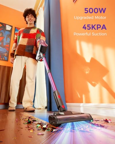 SVHT Cordless Vacuum Cleaner, 500W 45KPA 50Mins Stick Vacuum Cleaners for Home with LED Light, Self-Standing, Anti-Tangle Brush & 1.6L Dust Cup, Lightweight Vacuum for Pet Hair, Carpets, Hard Floors