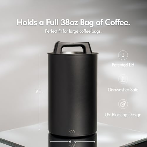 KIVY Vacuum Coffee Canister (Large) - Push Lid Preserves Aroma & Oil - Stainless Steel Airtight Canister - Container for Ground & Coffee Bean Storage - Removes Excess Air
