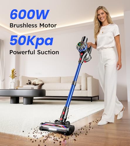 HFFLH Cordless Vacuum Cleaner, 600W 50Kpa 65Mins Stick Vacuum with Self-Standing, Touch Screen, Anti-Tangle Rechargeable Wireless Vacuum, Vacuum Cleaners for Home/Pet Hair/Carpets/Hardwood Floor