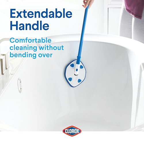Clorox Extendable Tub & Tile Scrubber – Heavy Duty Brush with Pivoting Head, Replaceable Pad, Works with Clorox Wipes for Easy Bathroom Cleaning, Blue