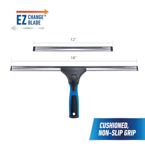 Unger Professional Connect and Clean 18” EZ Change Window and Glass Cleaning Squeegee, Large and Small Windows, Rubber Blade Tool for Streak-Free Results, Includes 12” Channel