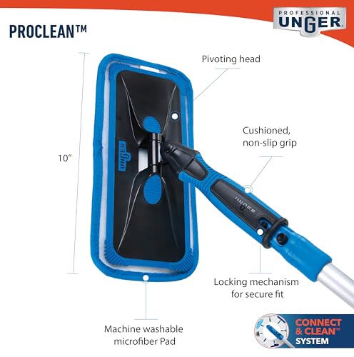 Unger ProClean Connect and Clean Indoor Window Cleaning Kit, Washing Tool with Swivel Head for Tight Corners and Edges, Streak-Free Results on Glass and Mirrors, Reusable Microfiber Pads