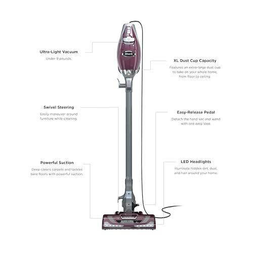 Shark HV322 Rocket Pet Plus Corded Stick Vacuum with LED Headlights, XL Dust Cup, Lightweight, Perfect for Pet Hair Pickup, Converts to a Hand Vacuum, with (2) Pet Attachments, Bordeaux/Silver