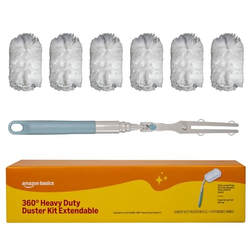Amazon Basics 360° Heavy Duty Duster Kit with Extendable Handle and 6 Microfiber Plumes Refills for Pet Hair