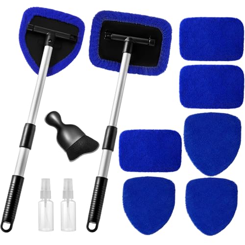 Qydipclin 11pcs Windshield Cleaner Tool, Car Window Cleaning Wash Kit with 6 Reusable Microfiber Pads 2 Spray Bottles and Extendable Handles Auto Glass Wiper Kit, Blue