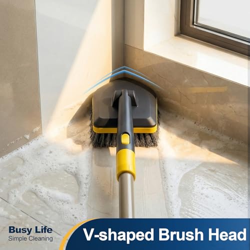 Yocada Tub Tile Scrubber Brush 2 in 1 Cleaning Brush 4*Scouring Pads 58.2 Inch Adjustable Telescopic Pole Stiff Bristles for Cleaning Bathroom Kitchen Toilet Wall Tub Tile Sink Non Scratch